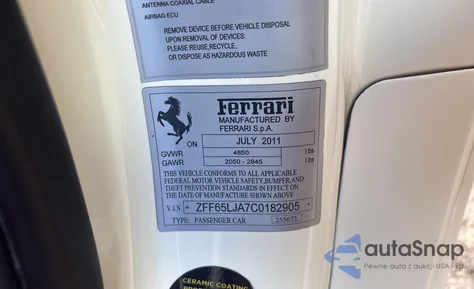 2012 Ferrari California from USA, damaged, VIN ZFF65LJA7C0182905